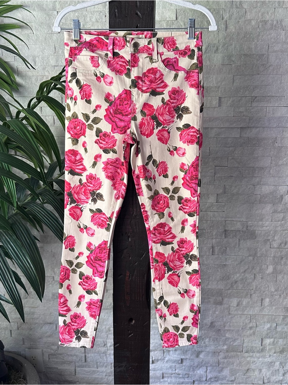 L’agence Cream Pink Floral Rose Print Skinny Crop Pants Size 27